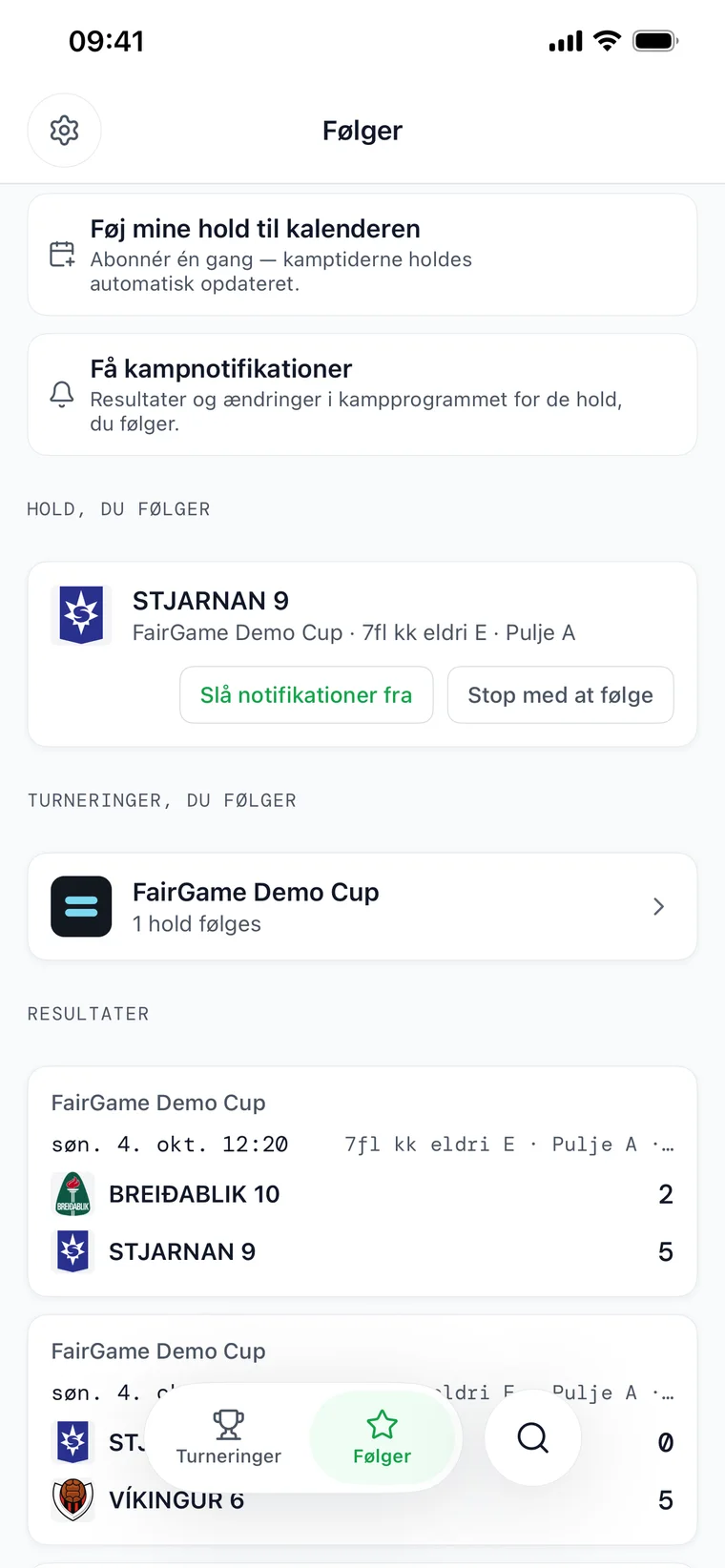Fanen Følger i FairGame Sports – indstillinger for kampnotifikationer og kalender over en liste med fulgte hold og en live-stilling