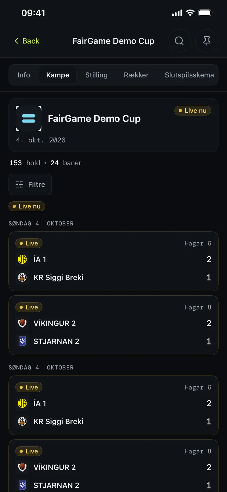 FairGame Sports i mørk tilstand med live-resultater fra kampe på flere baner