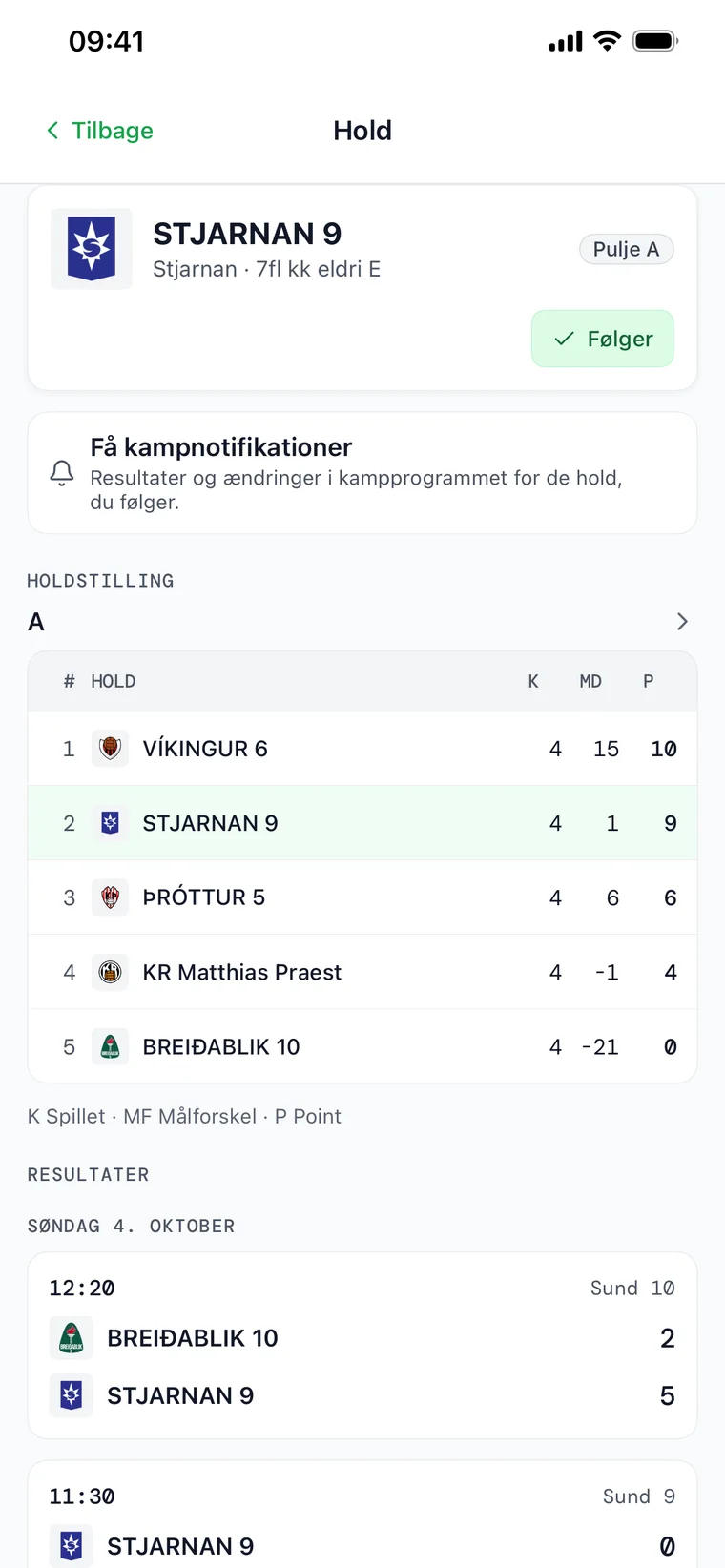 En holdside i FairGame Sports med en Følg-knap, live-stilling i puljen og holdets næste kamp
