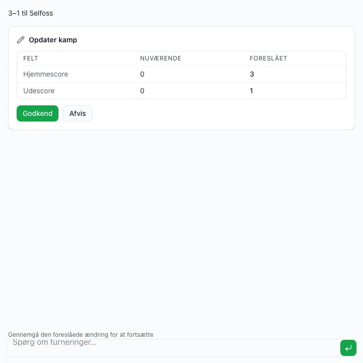 FairGame-assistenten viser en anmodning om et kampresultat og et forslag, der afventer godkendelse