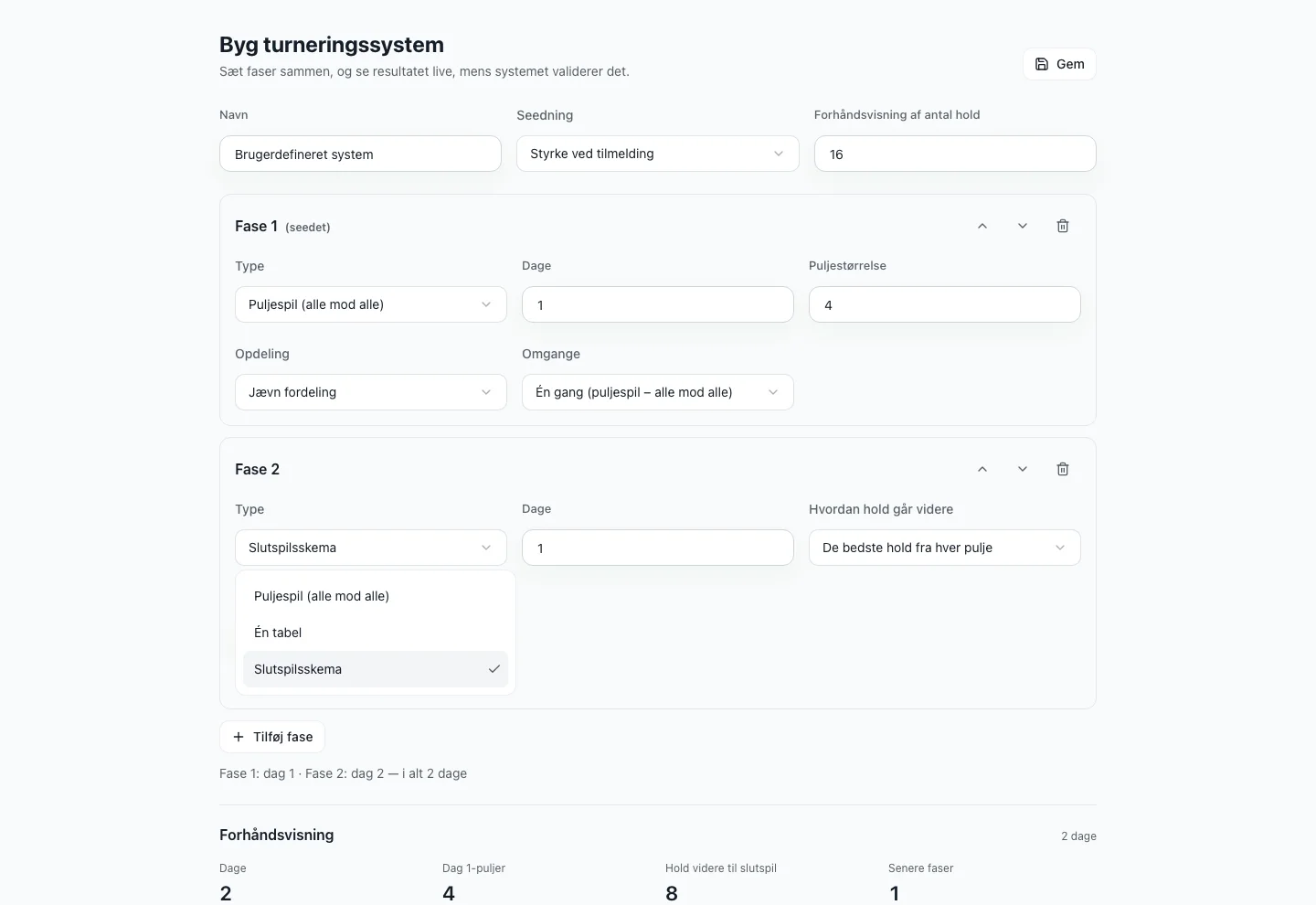 FairGames formatbygger, hvor en puljefase med puljespil fører videre til et slutspilsskema, med liveforhåndsvisning af systemet