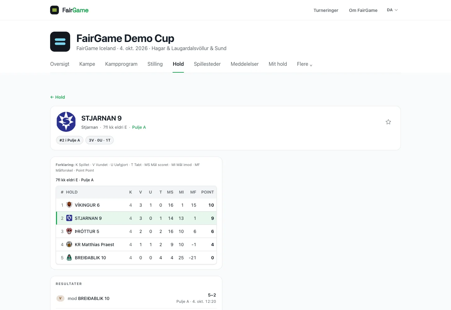 Et fulgt holds side, der kun kan læses – med livescore, puljestilling, hvor holdet er fremhævet, og dets næste kamp