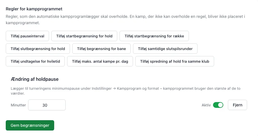 Planlægningsregler med en påkrævet hvileperiode for hold