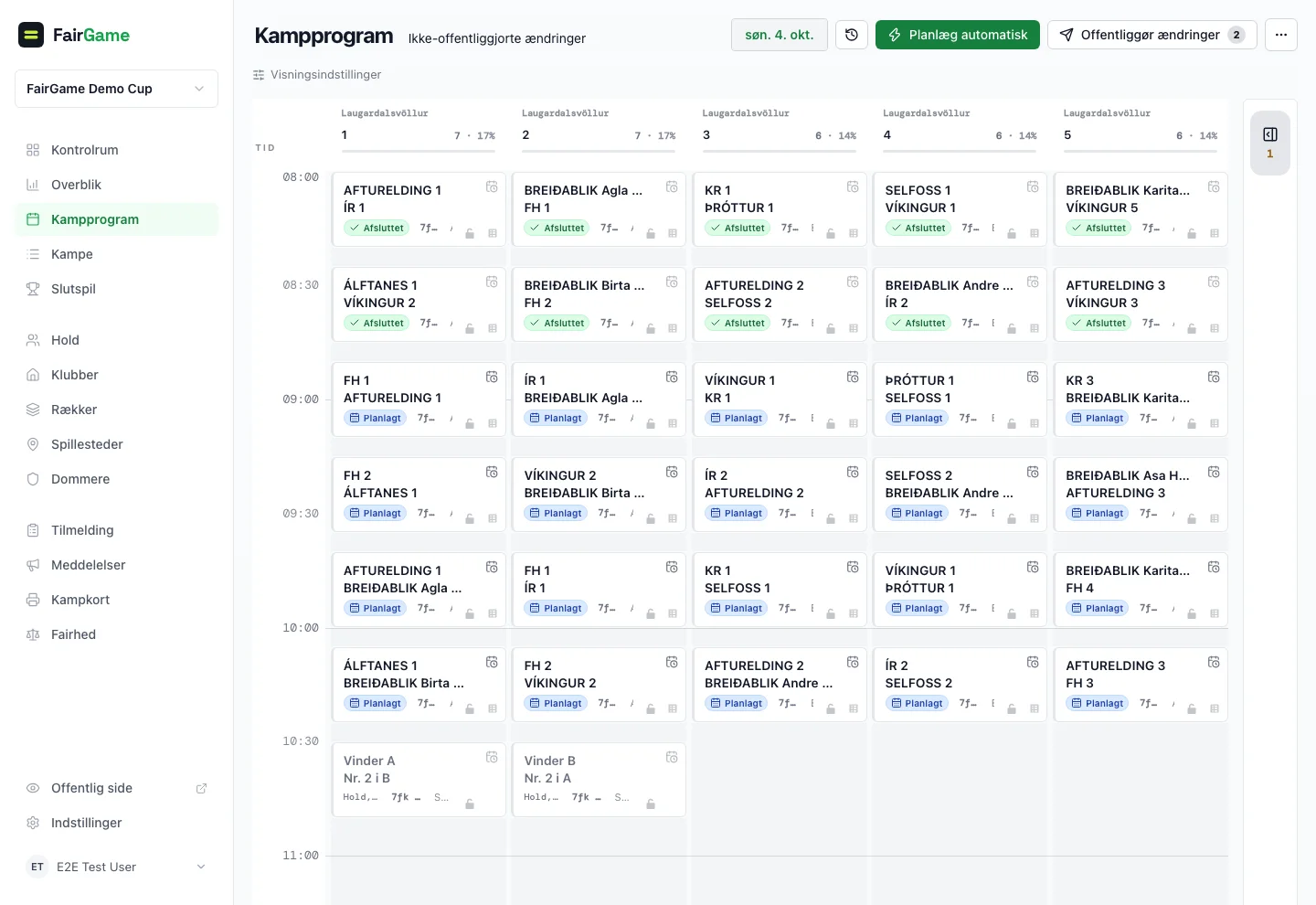 FairGames kampprogram med kampe efter bane og tid