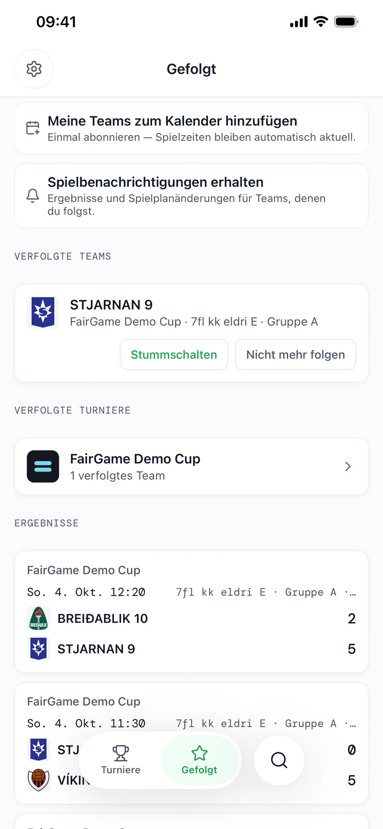 Der Tab „Folgen“ in FairGame Sports – Einstellungen für Spielbenachrichtigungen und Kalender über einer Liste gefolgter Teams und einem Live-Spielstand