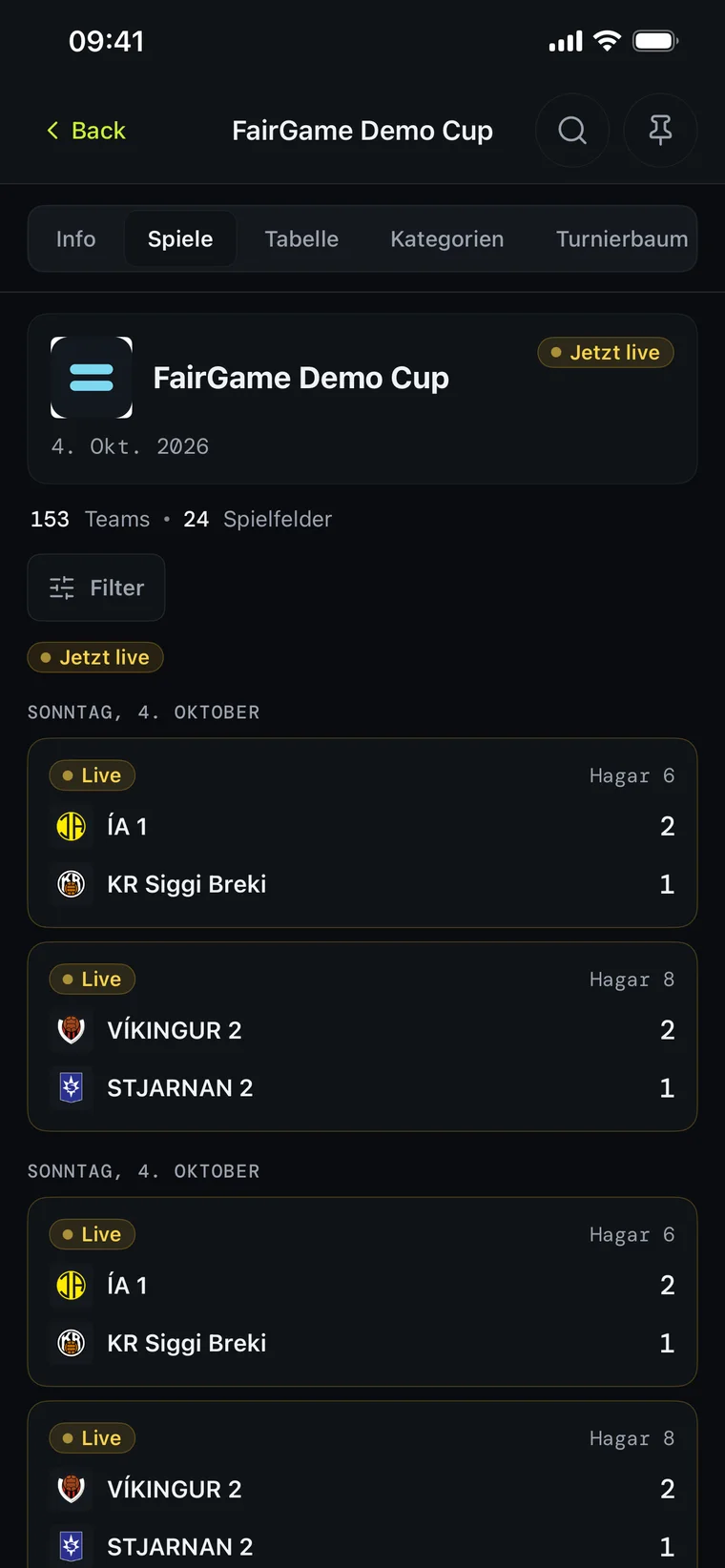 FairGame Sports im Dark Mode mit Live-Spielständen von mehreren Spielfeldern