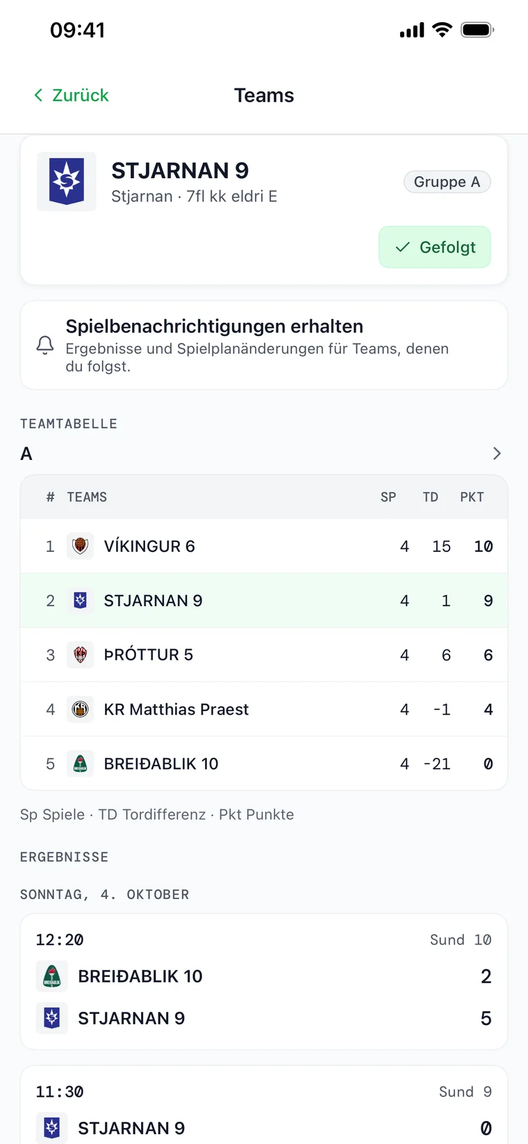 Eine Teamseite in FairGame Sports mit einem Folgen-Button, einer Live-Gruppentabelle und dem nächsten Spiel des Teams