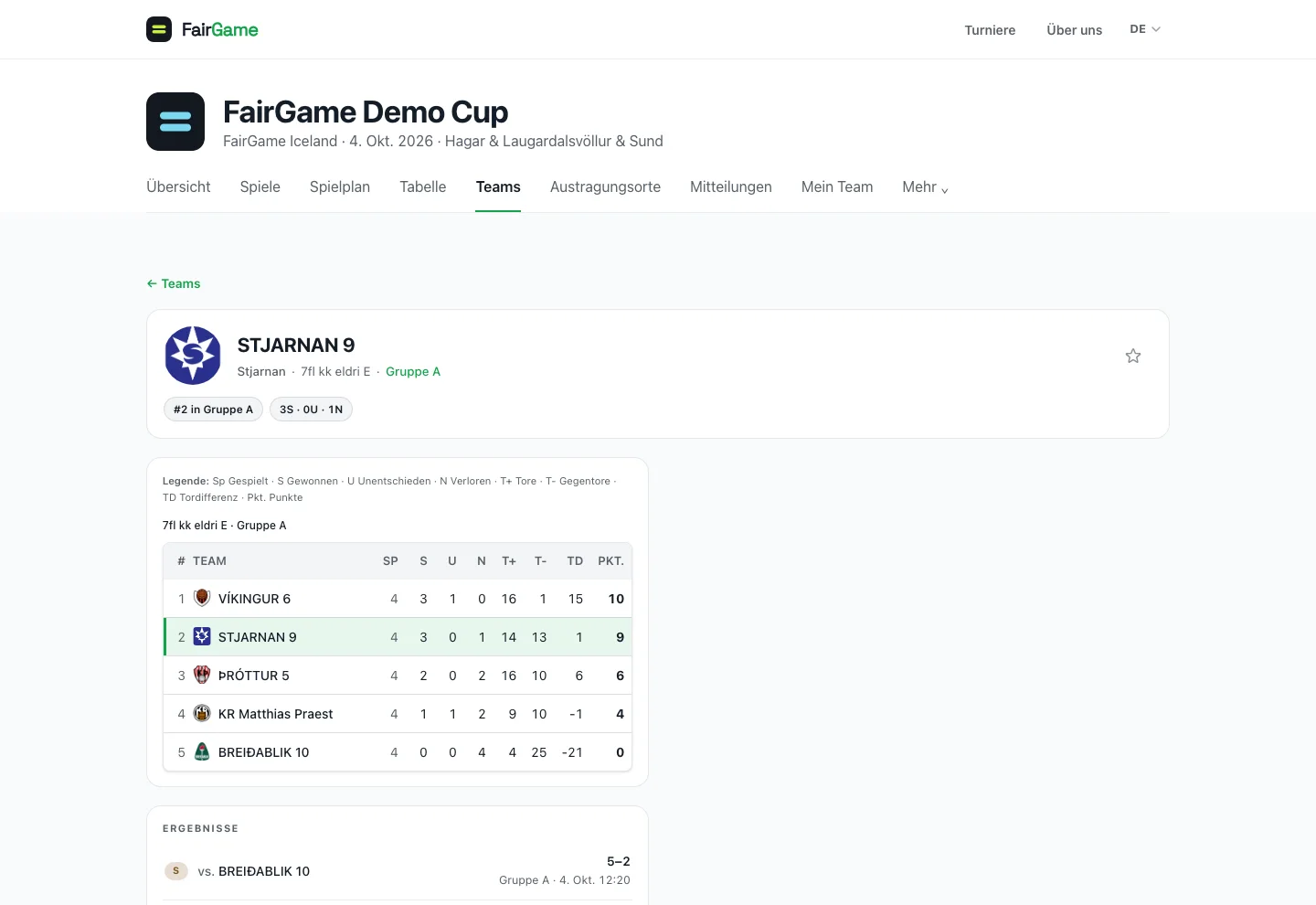 Schreibgeschützte Seite eines verfolgten Teams — Live-Spielstand, Gruppentabelle mit hervorgehobenem Team und das nächste Spiel