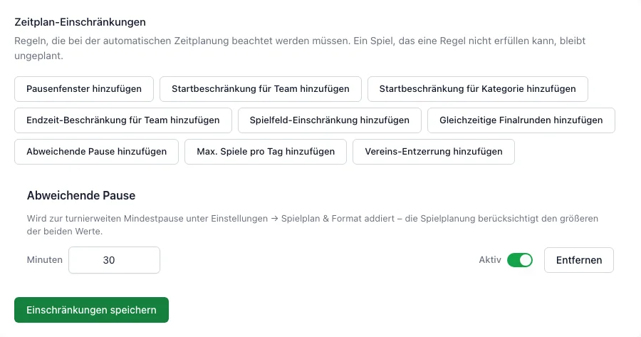 Spielplanregeln mit einer vorgeschriebenen Ruhezeit für Teams