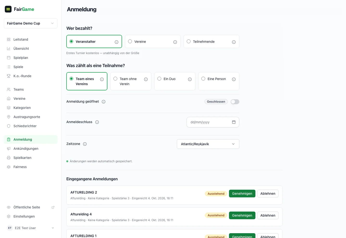 FairGame-Registrierungsliste mit eingereichten Teamanmeldungen sowie Verein, Kategorie und angegebener Spielstärke