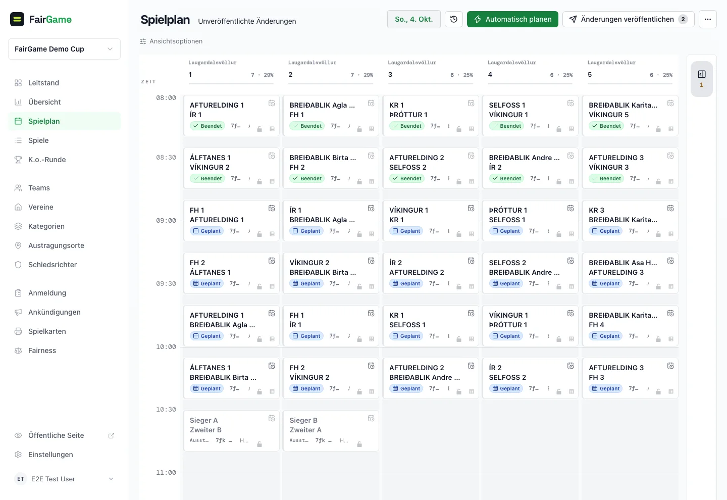 FairGame-Spielplan mit Begegnungen nach Platz und Uhrzeit