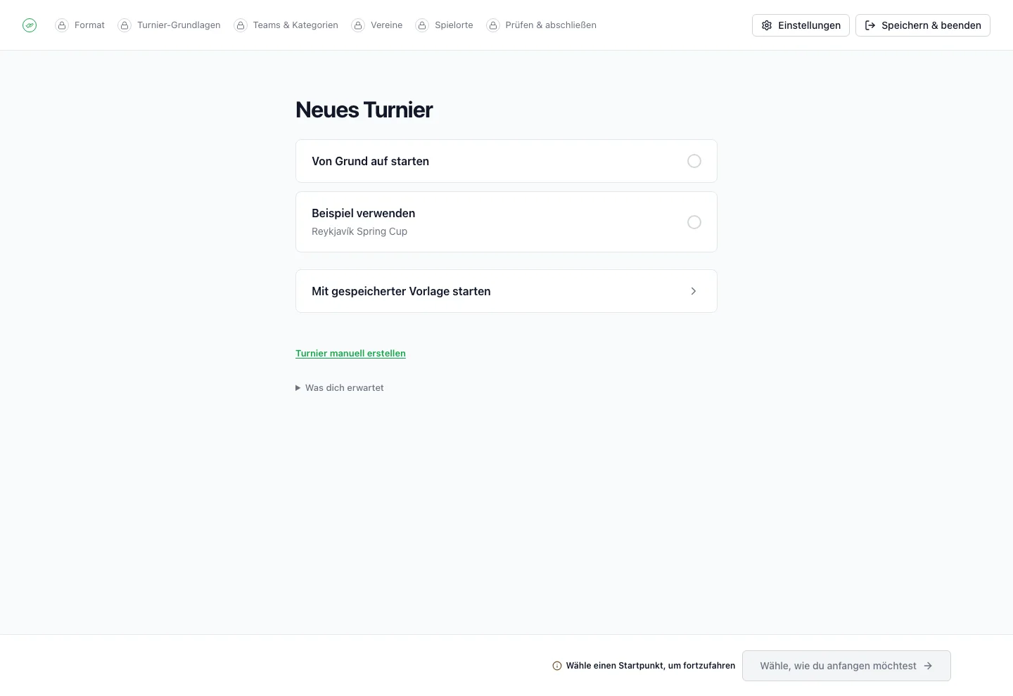 FairGames Einrichtungsassistent mit den Schritten zur Turniererstellung und der Möglichkeit, mit einem Beispielturnier zu beginnen