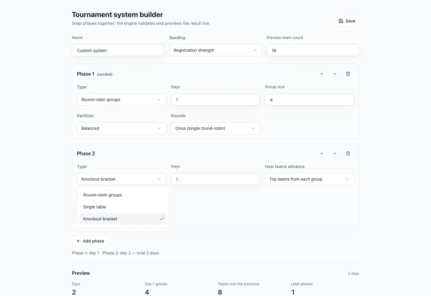 FairGame's custom format builder composing a round-robin group phase that feeds a knockout bracket, with a live system preview