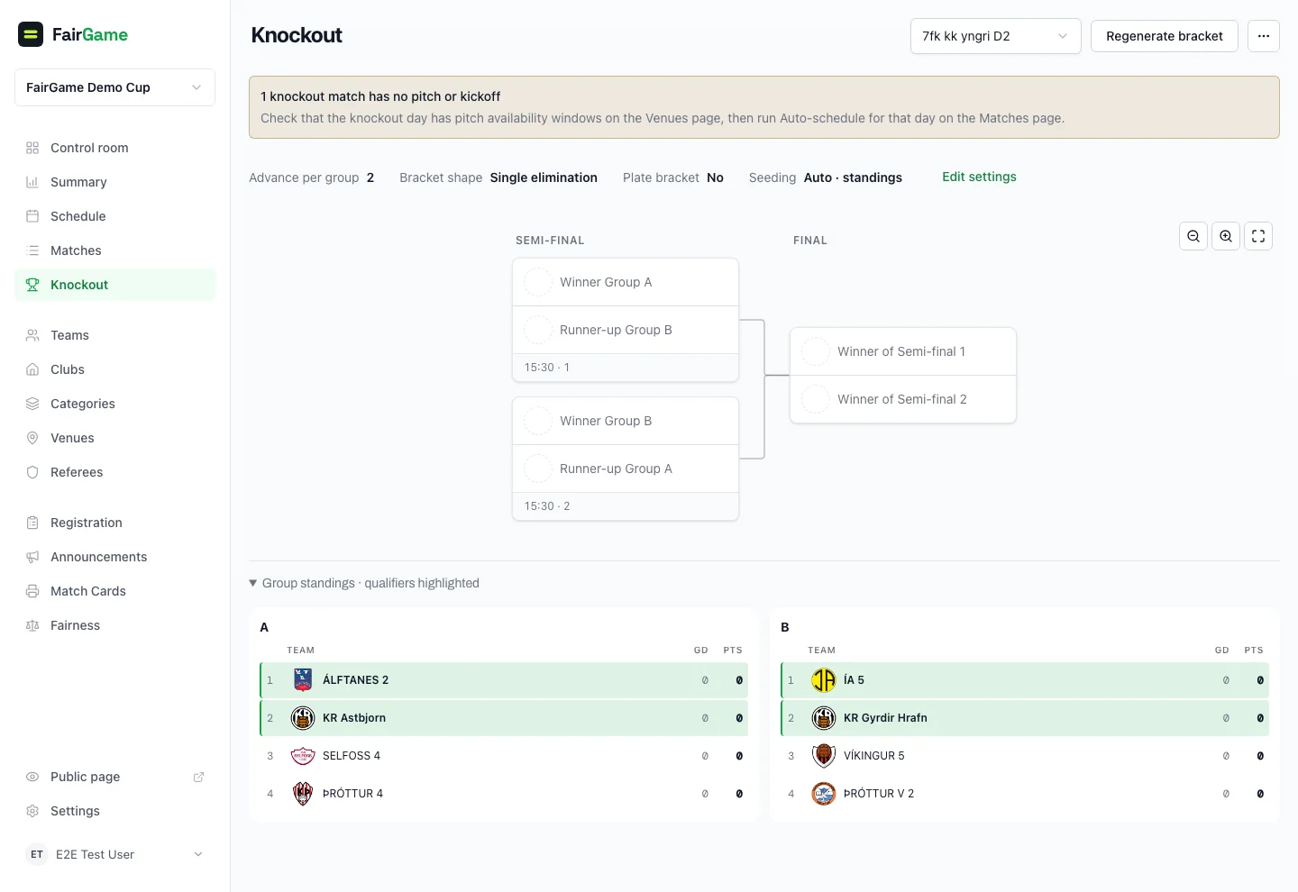 A provisional knockout bracket with qualification and seeding controls