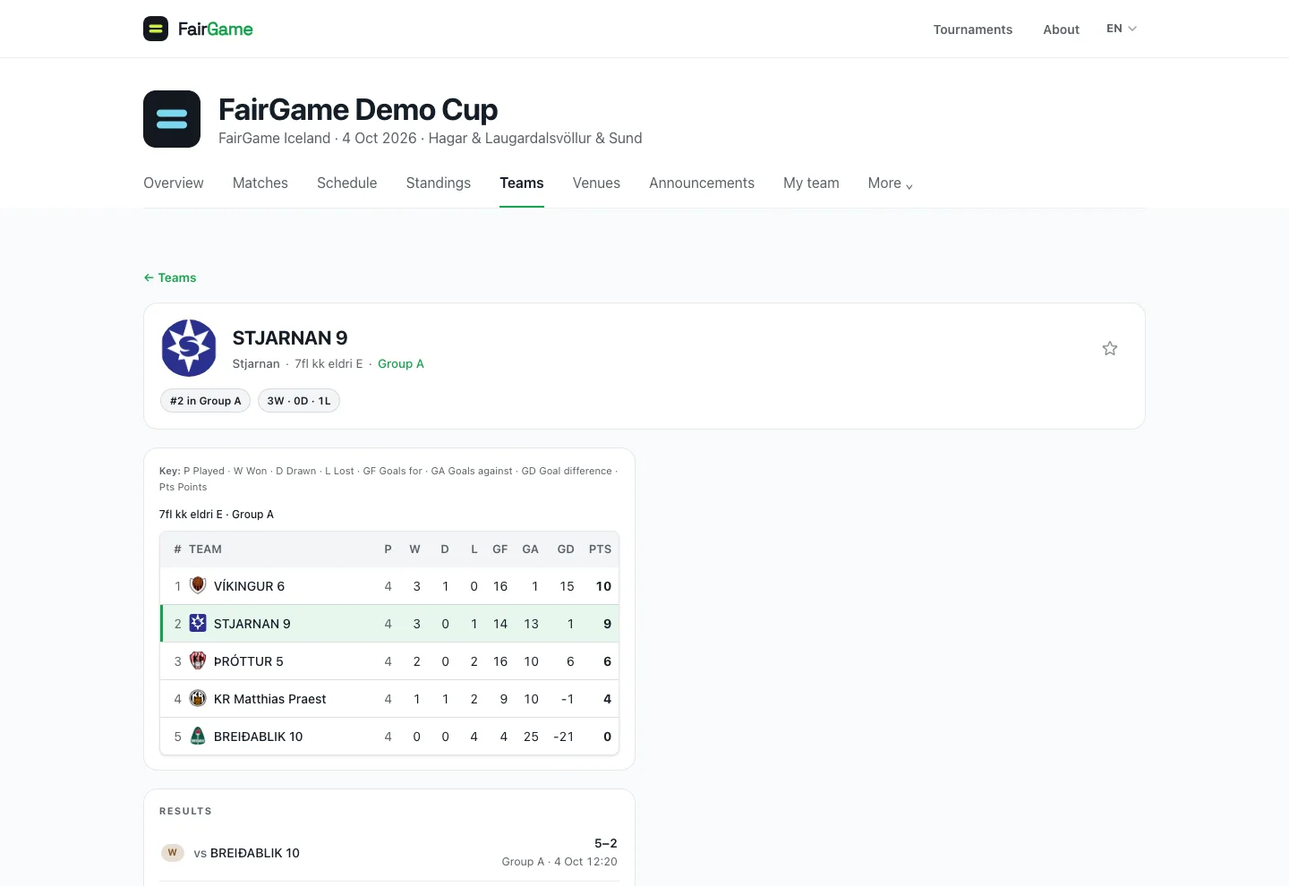 A followed team’s read-only page — a live score, group standings with the team highlighted, and its next match