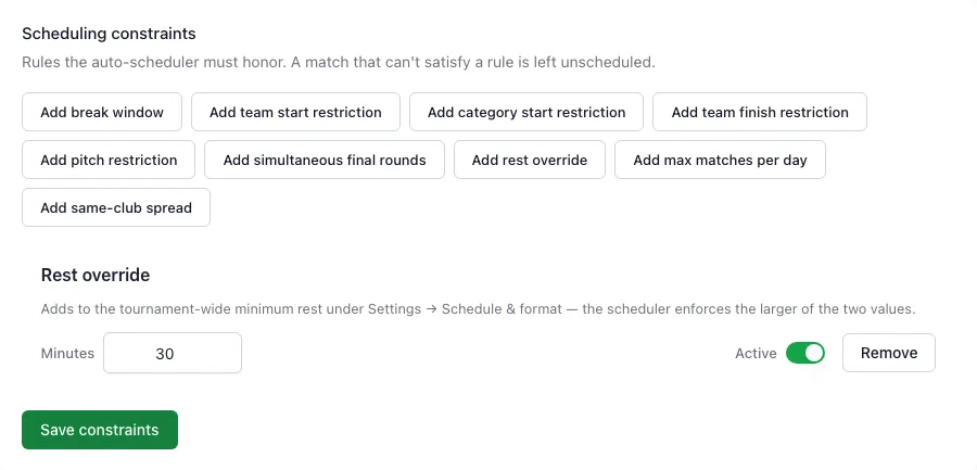 Scheduling rules with a required team rest period