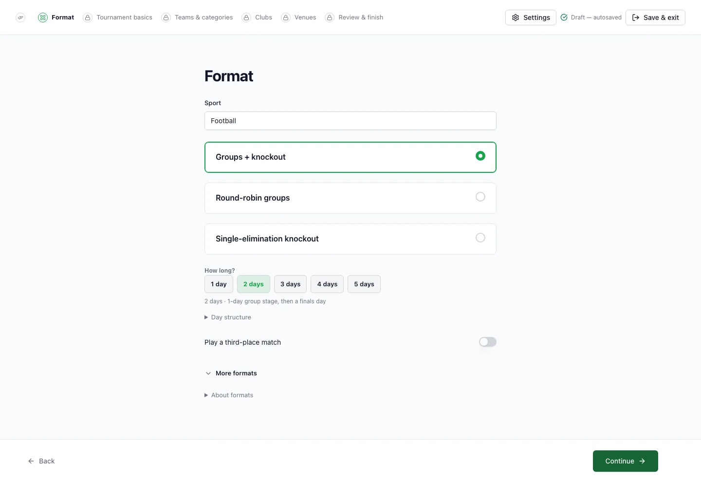 FairGame onboarding wizard guiding tournament setup
