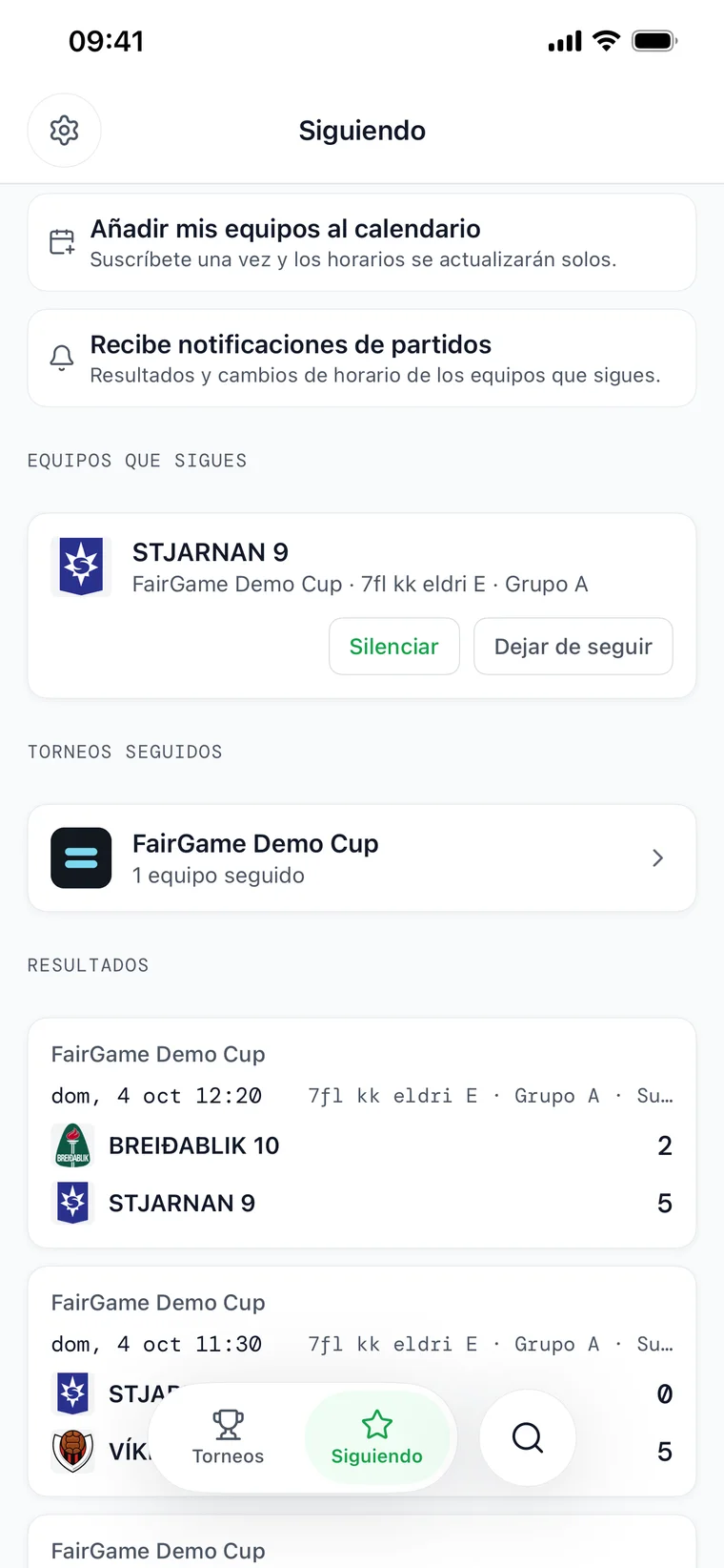 La pestaña Siguiendo de FairGame Sports: controles de notificaciones de partidos y calendario sobre una lista de equipos que sigues y un marcador en vivo