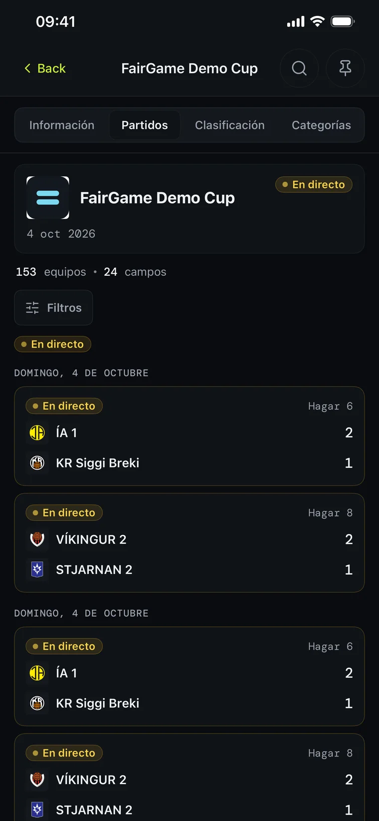 FairGame Sports en modo oscuro mostrando los marcadores de los partidos en vivo en varios campos