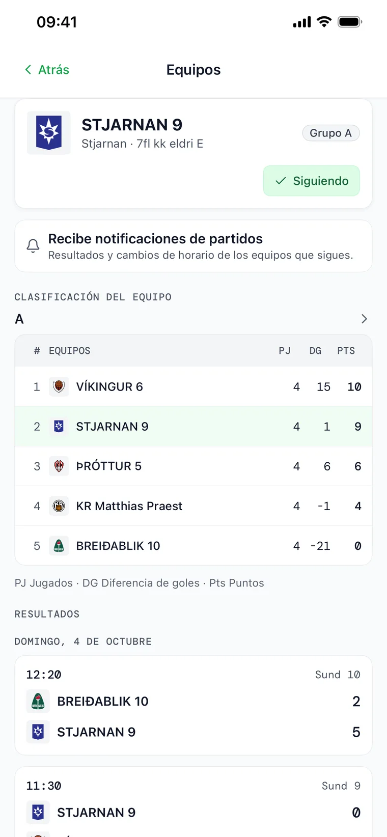 Una página de equipo en FairGame Sports con un botón de Seguir, la clasificación del grupo en vivo y el próximo partido del equipo