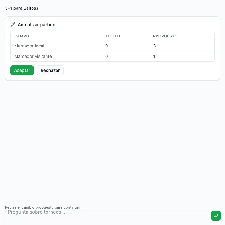 El asistente de FairGame muestra una solicitud para registrar un resultado y una propuesta pendiente de aprobación