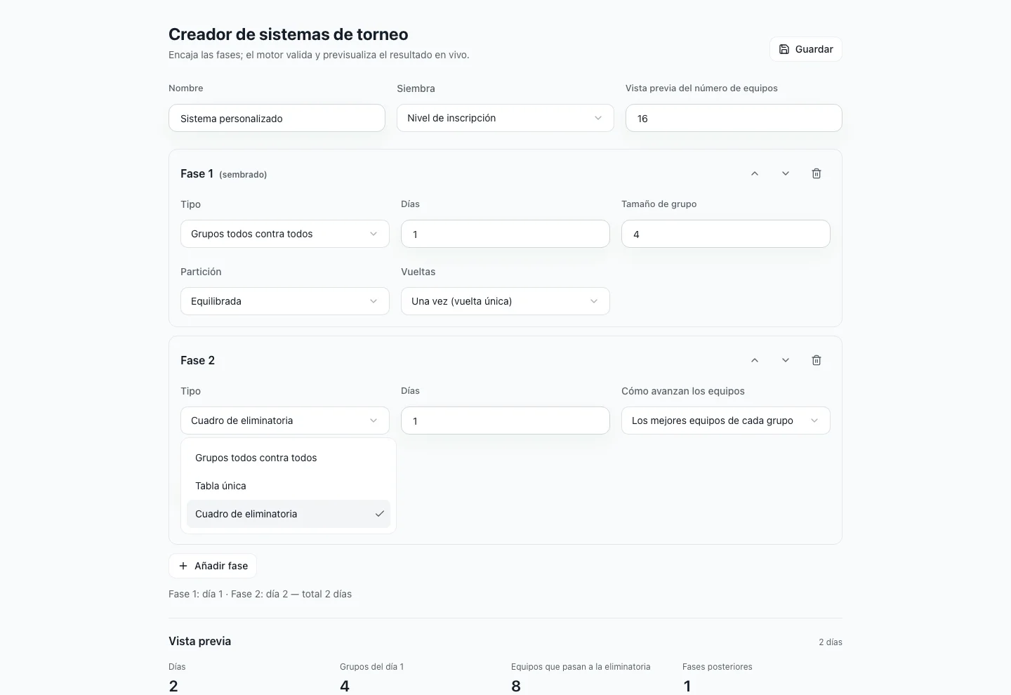 El constructor de formato personalizado de FairGame componiendo una fase de grupos todos contra todos que alimenta un cuadro de eliminatorias, con una vista previa del sistema en vivo