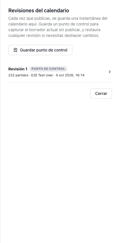 Versiones guardadas del calendario y controles de restauración
