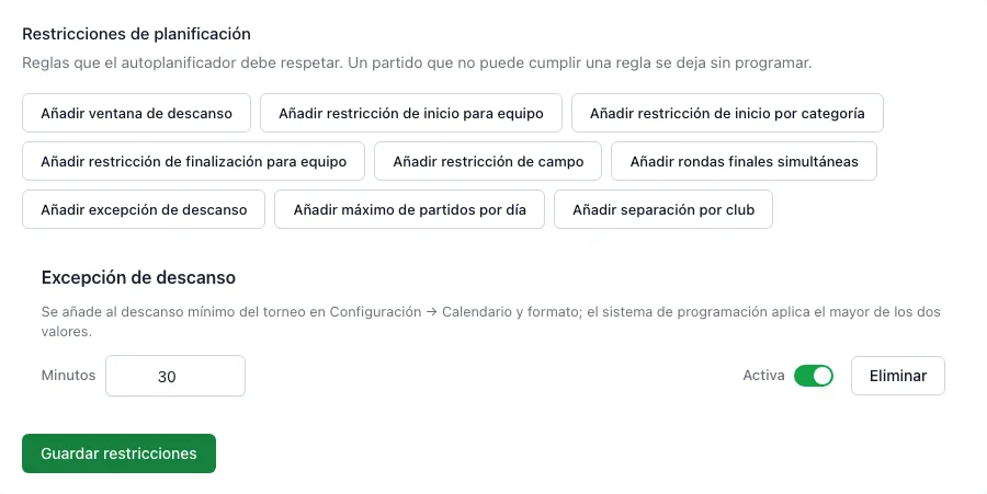 Reglas de programación con un descanso obligatorio para los equipos