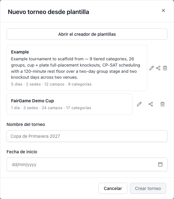 Selector de plantillas de FairGame con plantillas de torneos guardadas y su número de días, sedes, campos y categorías, listas para la próxima edición