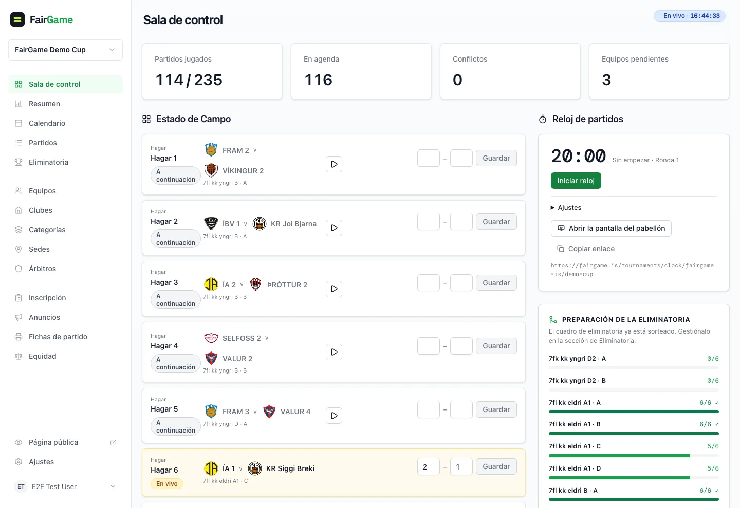 Panel de sala de control de FairGame que rastrea cada campo, el estado del calendario y la preparación de las eliminatorias en vivo