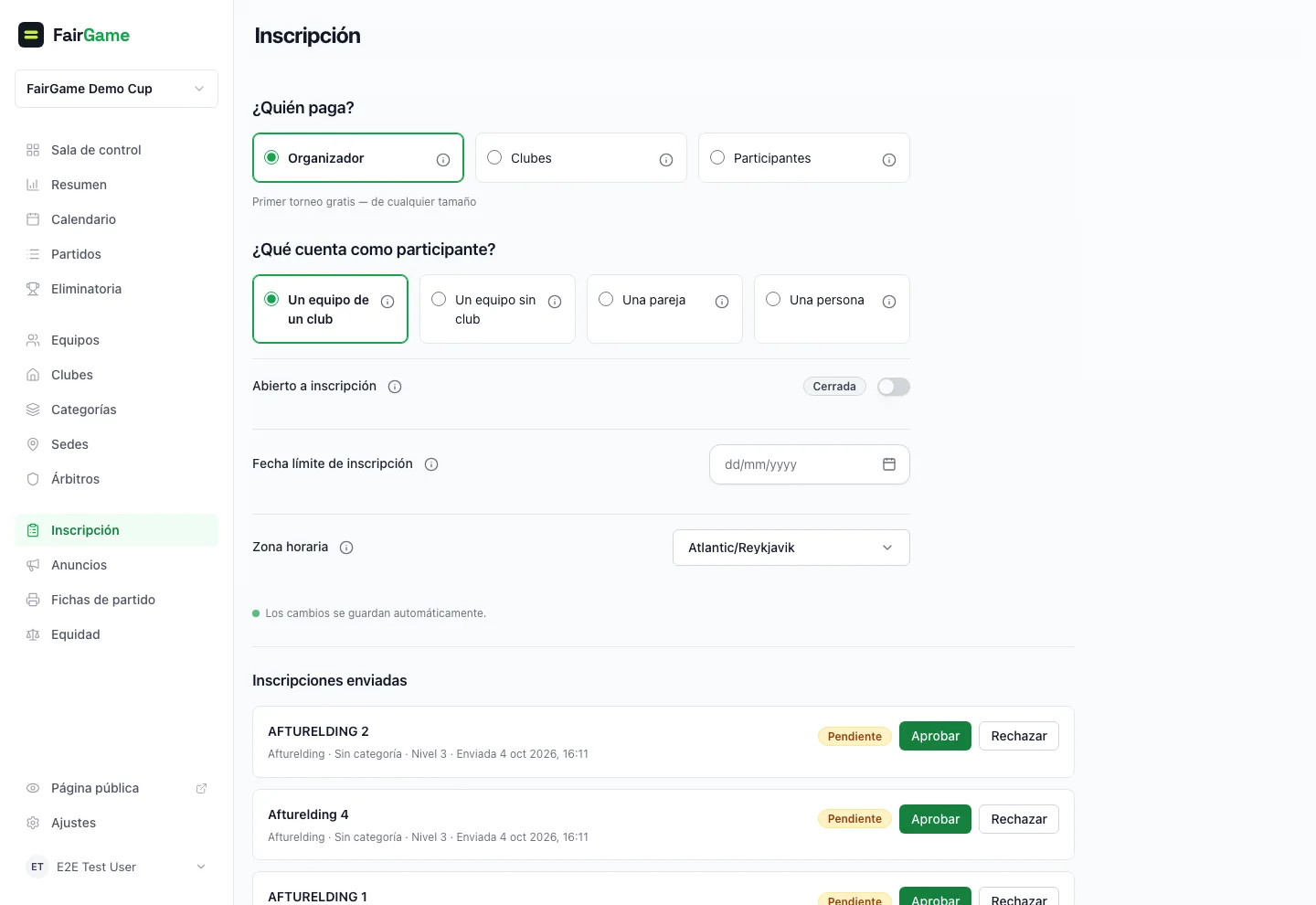 Lista de inscripciones de FairGame con equipos enviados y su club, categoría y nivel declarado por el cuerpo técnico