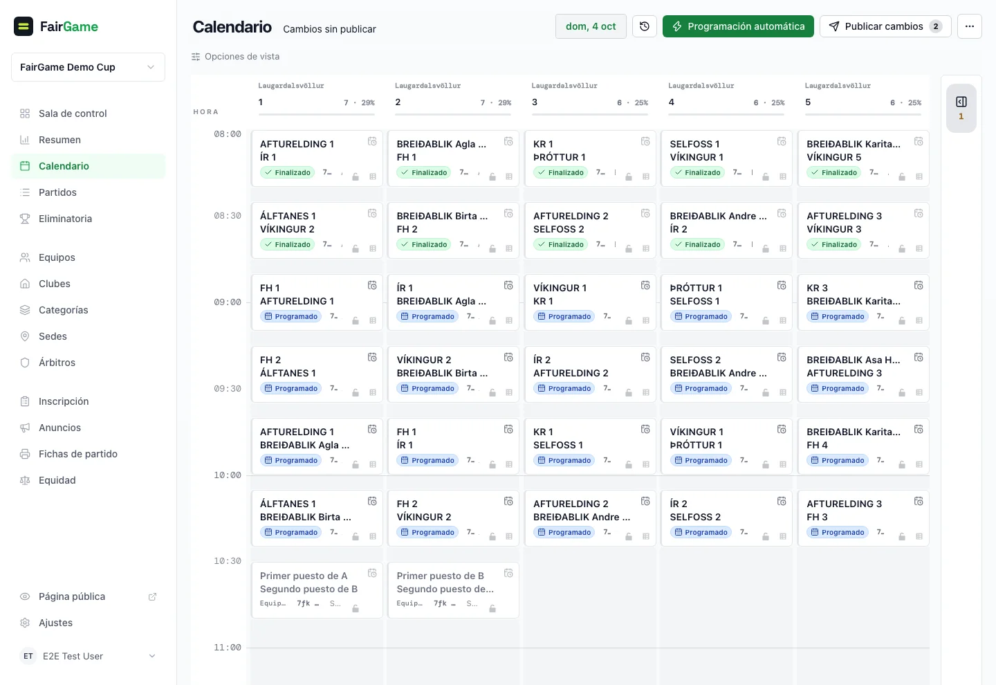 Calendario de FairGame con partidos por pista y hora