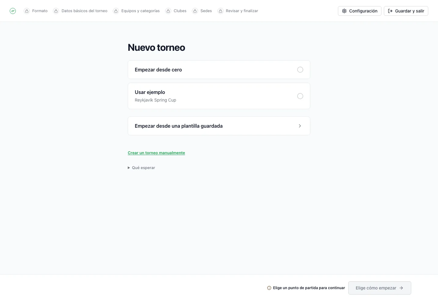 Asistente de FairGame con los pasos para configurar un torneo y la opción de empezar con un torneo de ejemplo