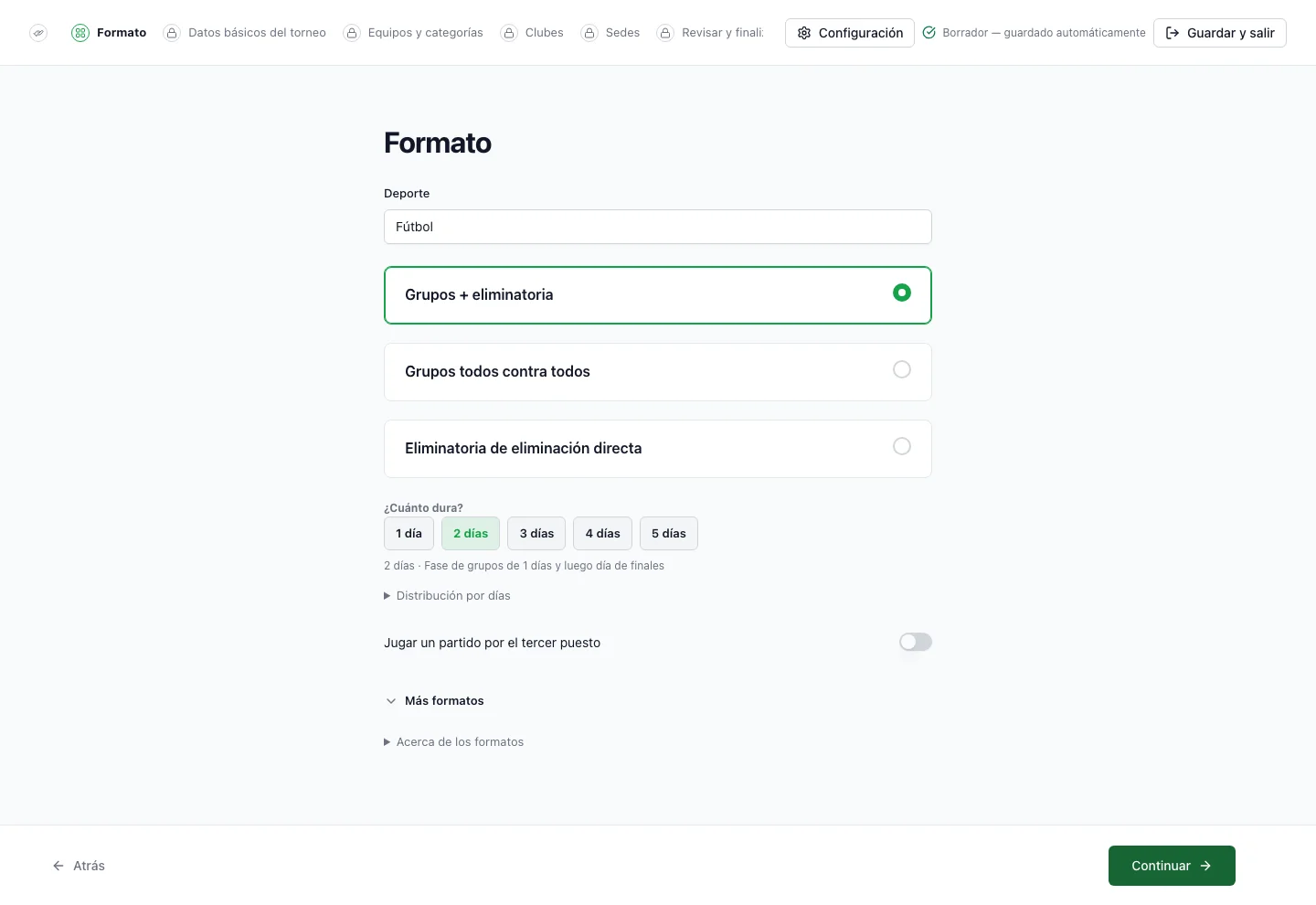 Asistente de incorporación de FairGame guiando la configuración del torneo