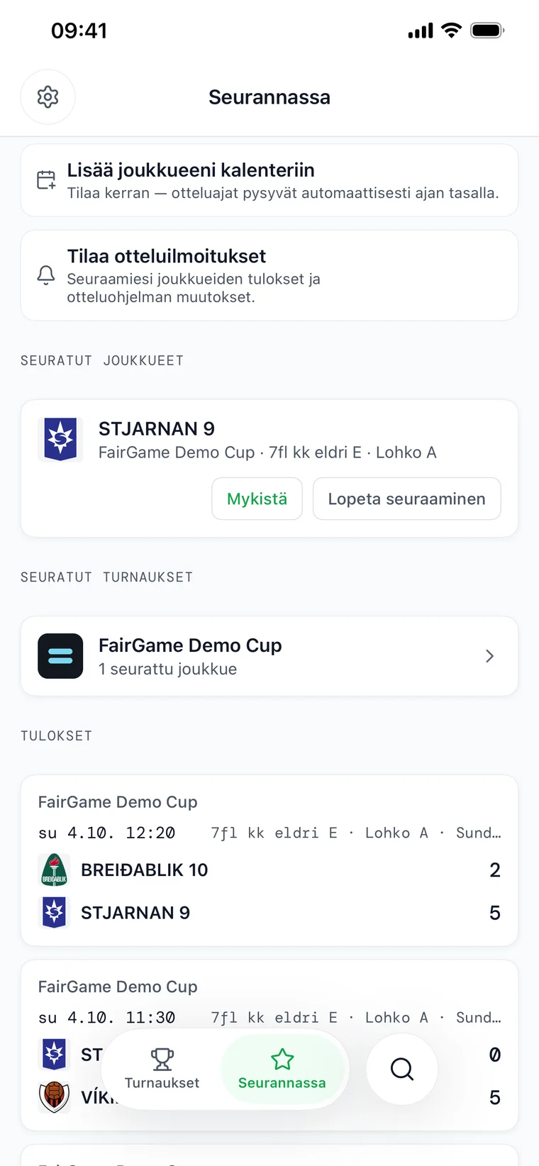 FairGame Sportsin Seuranta-välilehti – otteluilmoitusten ja kalenterin asetukset seurattujen joukkueiden listan ja livetilanteen yläpuolella