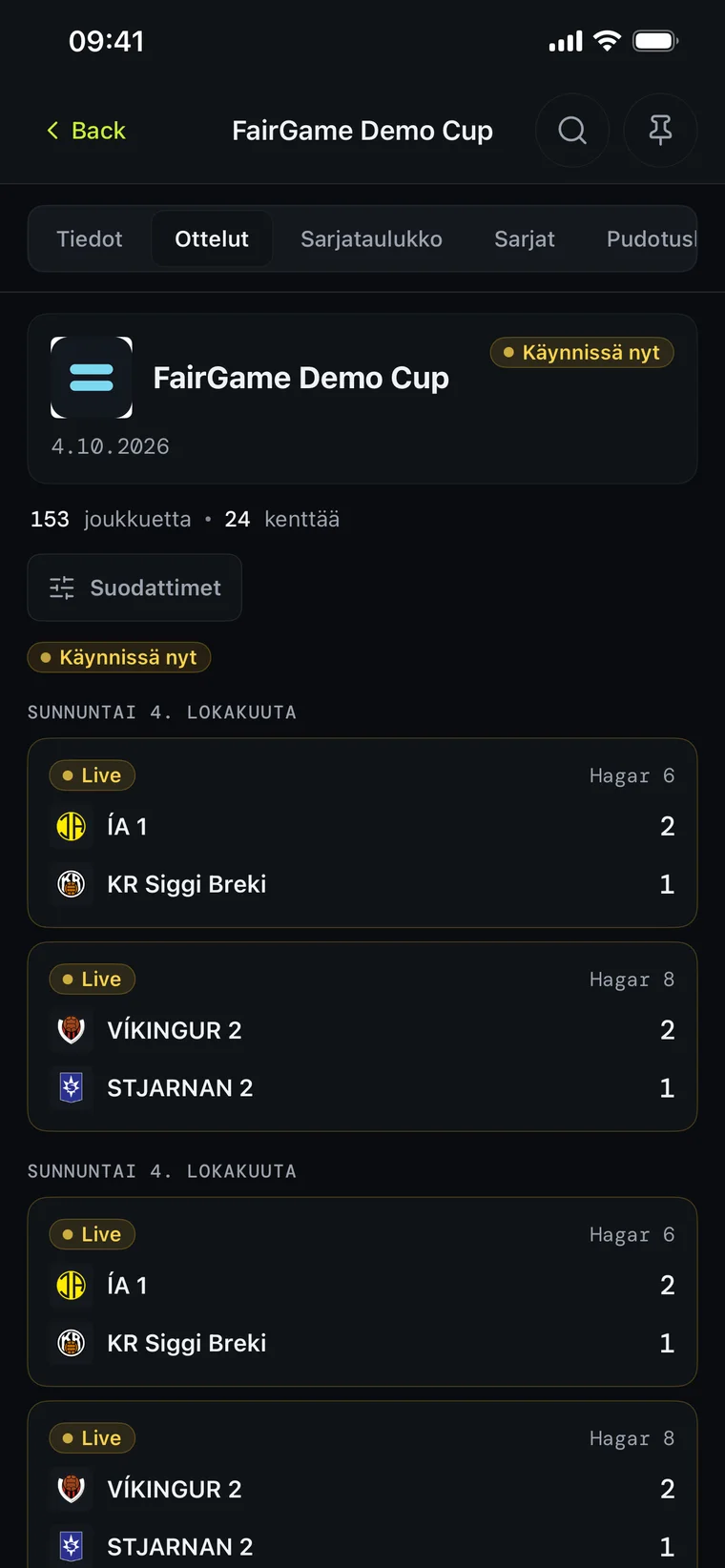FairGame Sports tummassa tilassa näyttää live-tuloksia useilta kentiltä