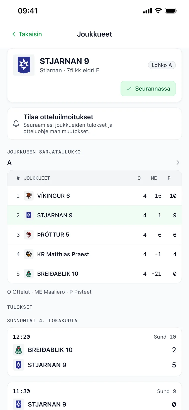 Joukkueen sivu FairGame Sportsissa, jossa on Seuraa-painike, lohkon live-sarjataulukko ja joukkueen seuraava ottelu