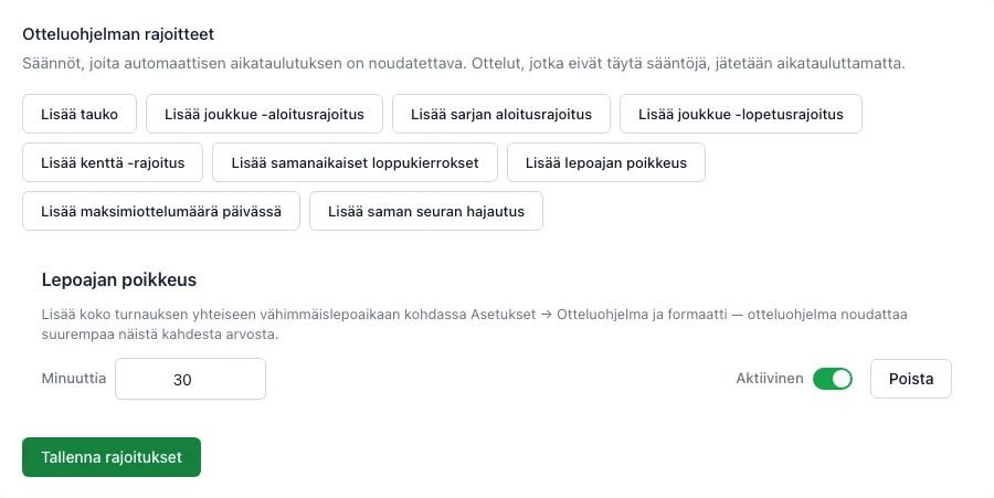 Aikataulusäännöt ja joukkueiden pakollinen lepoaika