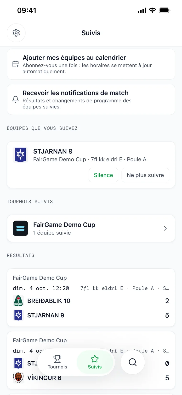 L'onglet Suivis de FairGame Sports — paramètres de notification de match et de calendrier au-dessus d'une liste d'équipes suivies et d'un score en direct