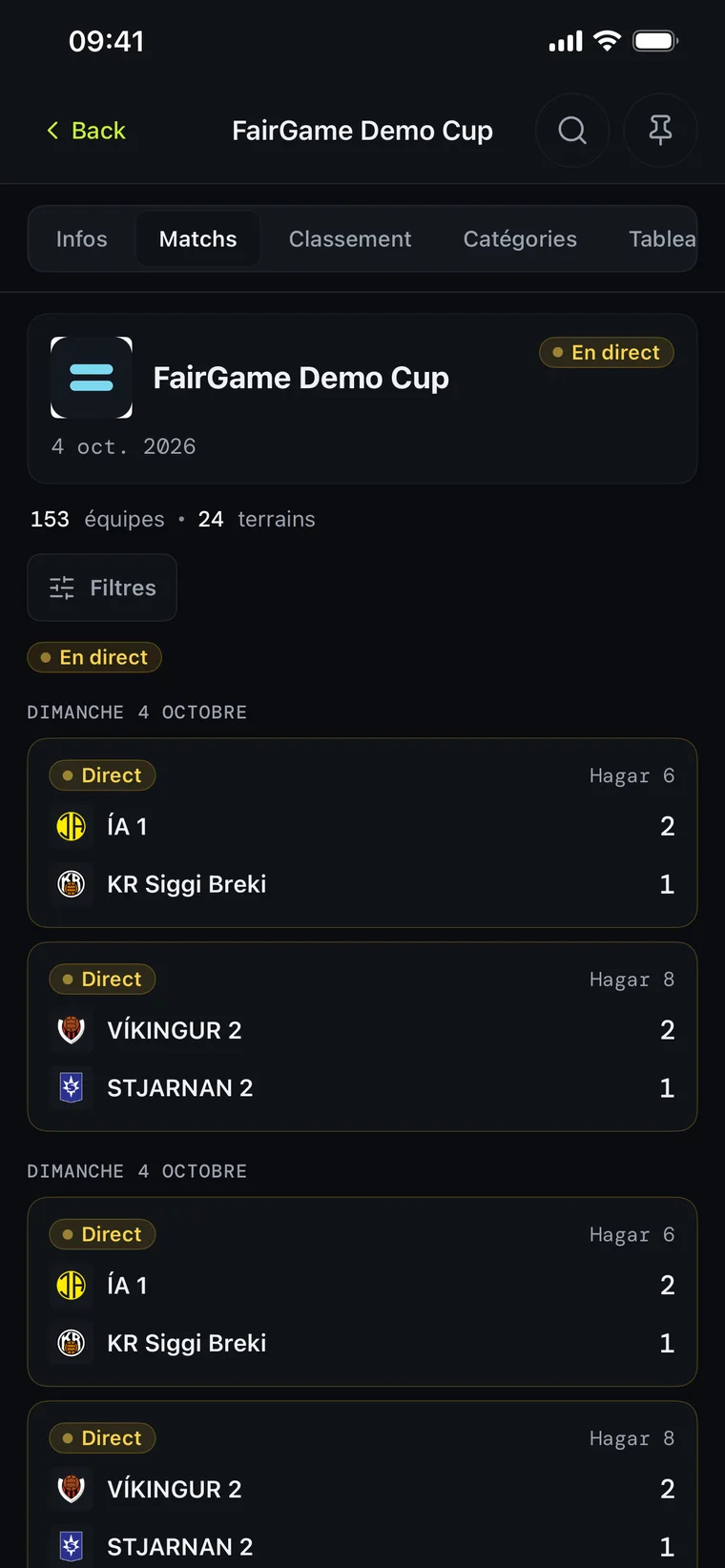 FairGame Sports en mode sombre affichant les scores des matchs en direct sur plusieurs terrains