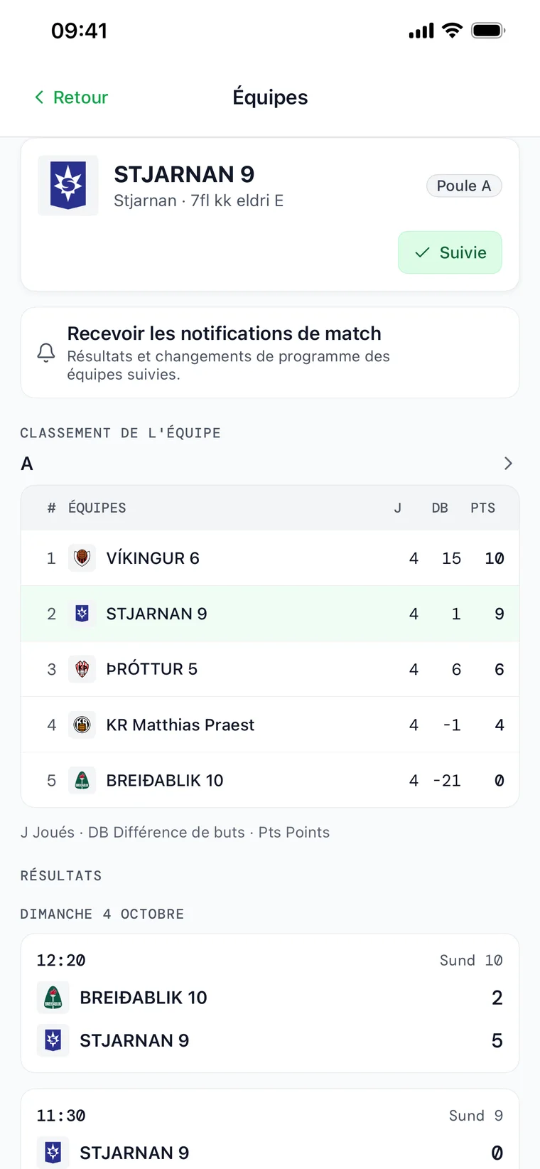 Une page d'équipe dans FairGame Sports avec un bouton Suivre, le classement de la poule en direct et le prochain match de l'équipe