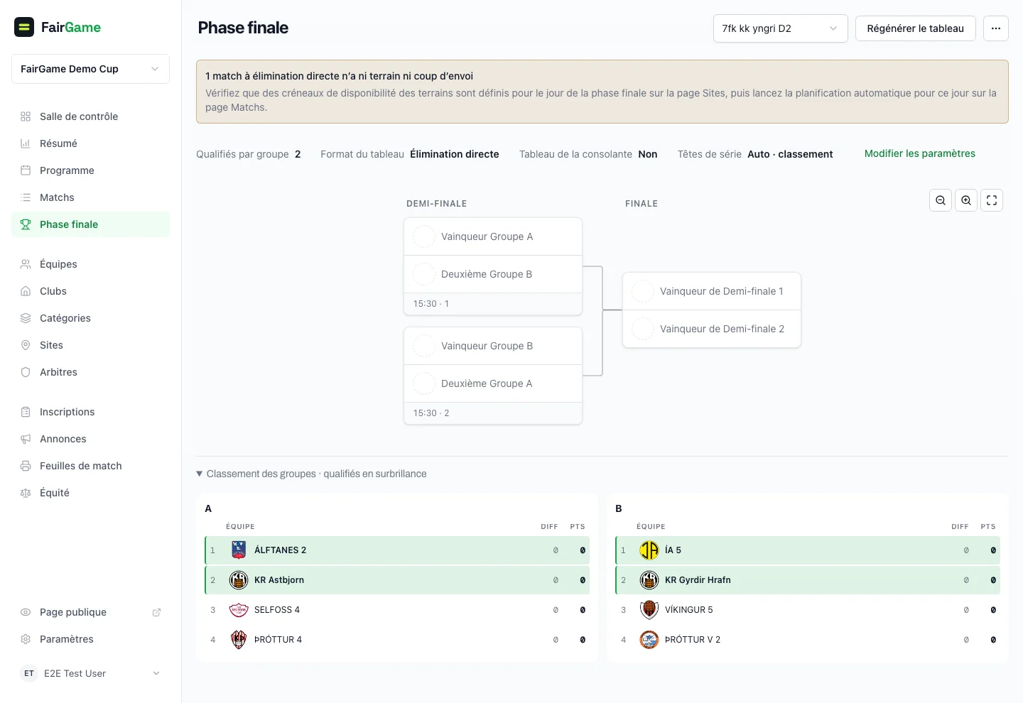 Un tableau éliminatoire provisoire avec les réglages de qualification et des têtes de série