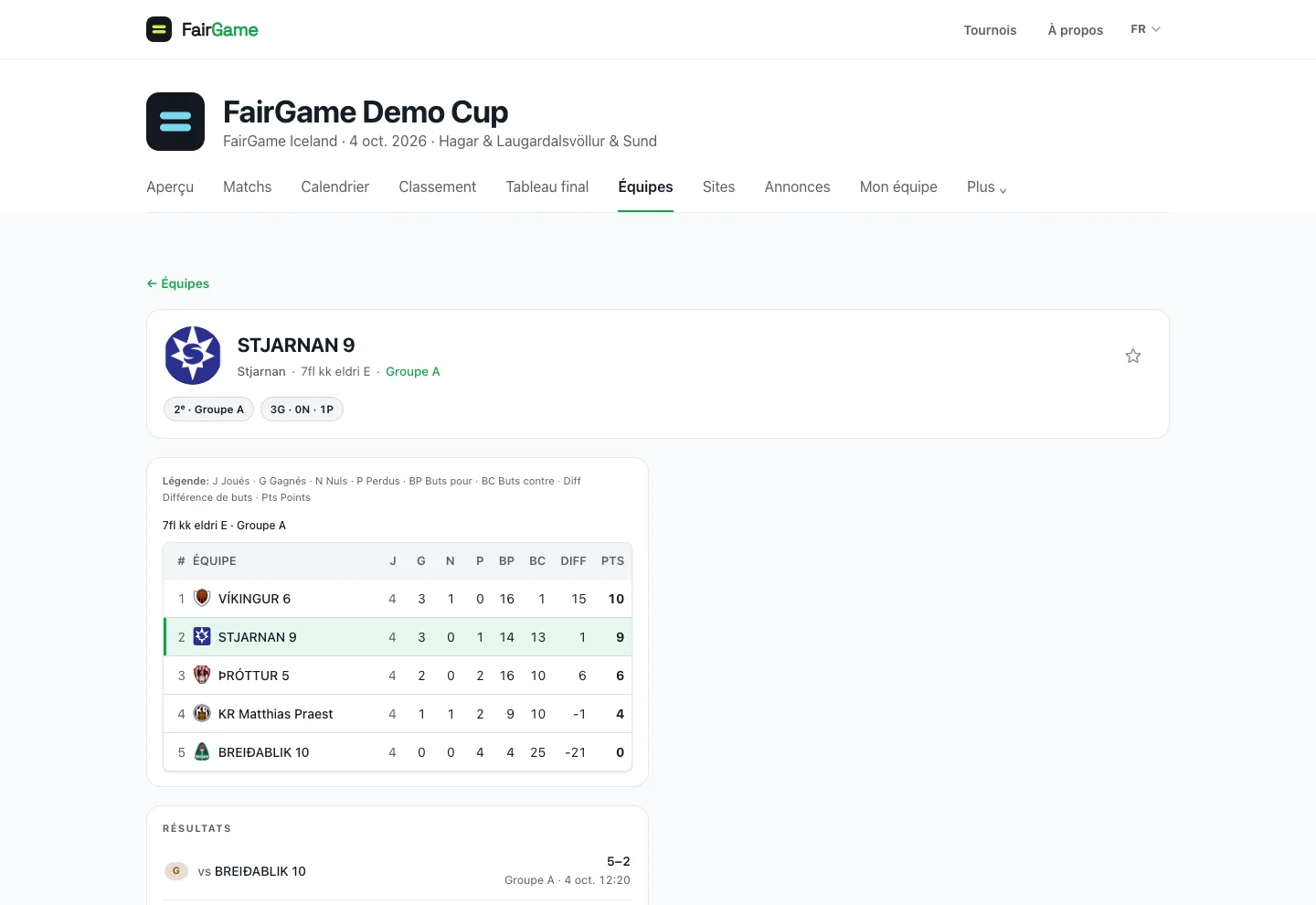 Page en lecture seule d'une équipe suivie — score en direct, classement du groupe avec l'équipe mise en évidence et son prochain match
