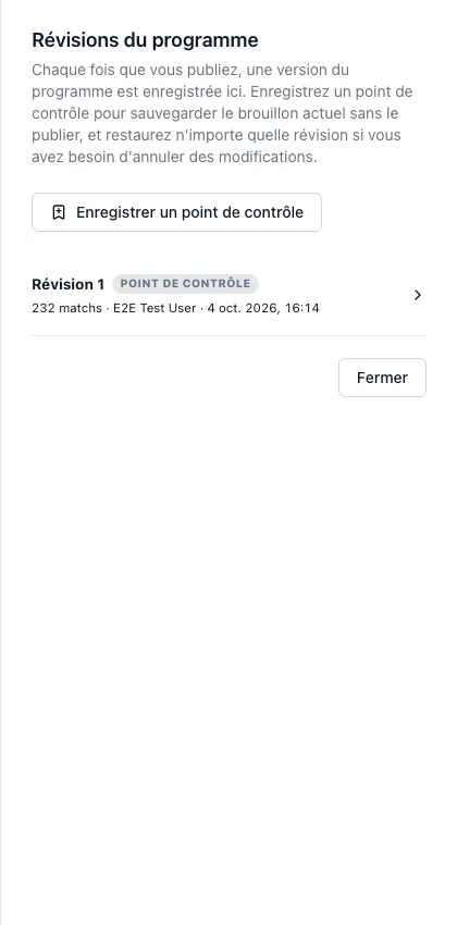 Les versions sauvegardées du calendrier et les commandes de restauration