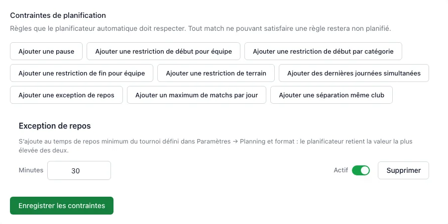 Les règles de planification avec un repos obligatoire pour les équipes