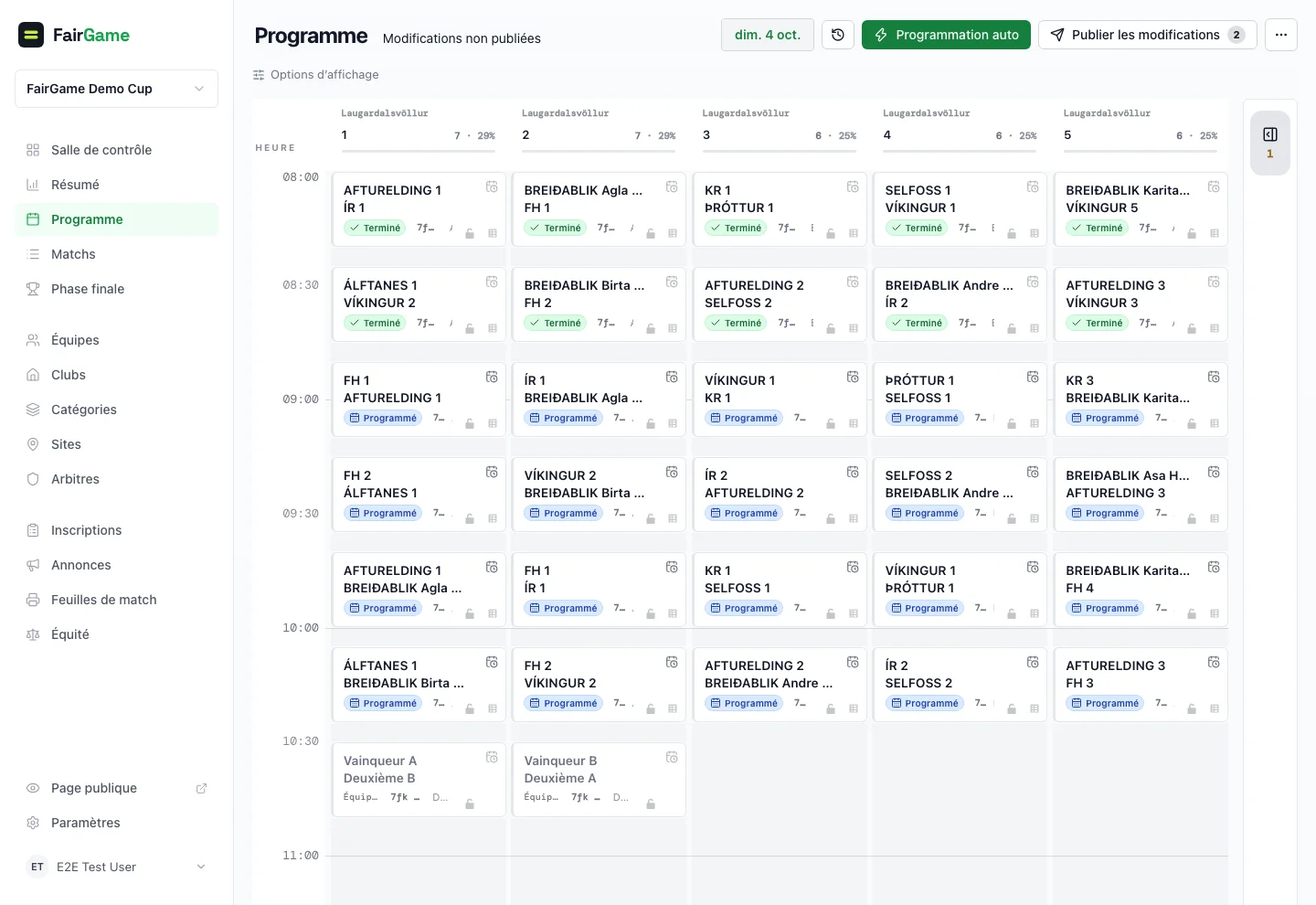 Calendrier FairGame avec les matchs par terrain et horaire