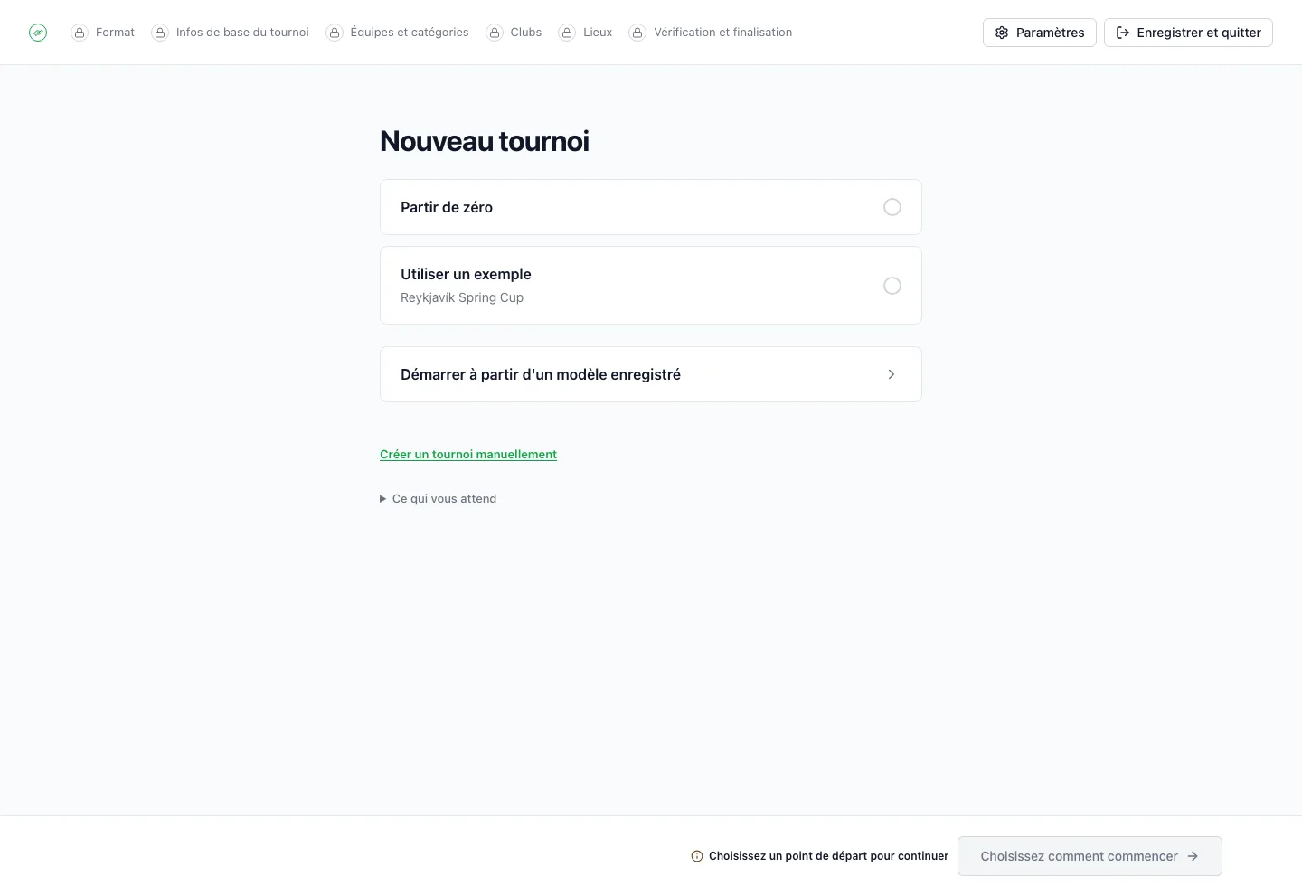 L’assistant FairGame présente les étapes de configuration et la possibilité de commencer avec un tournoi d’exemple