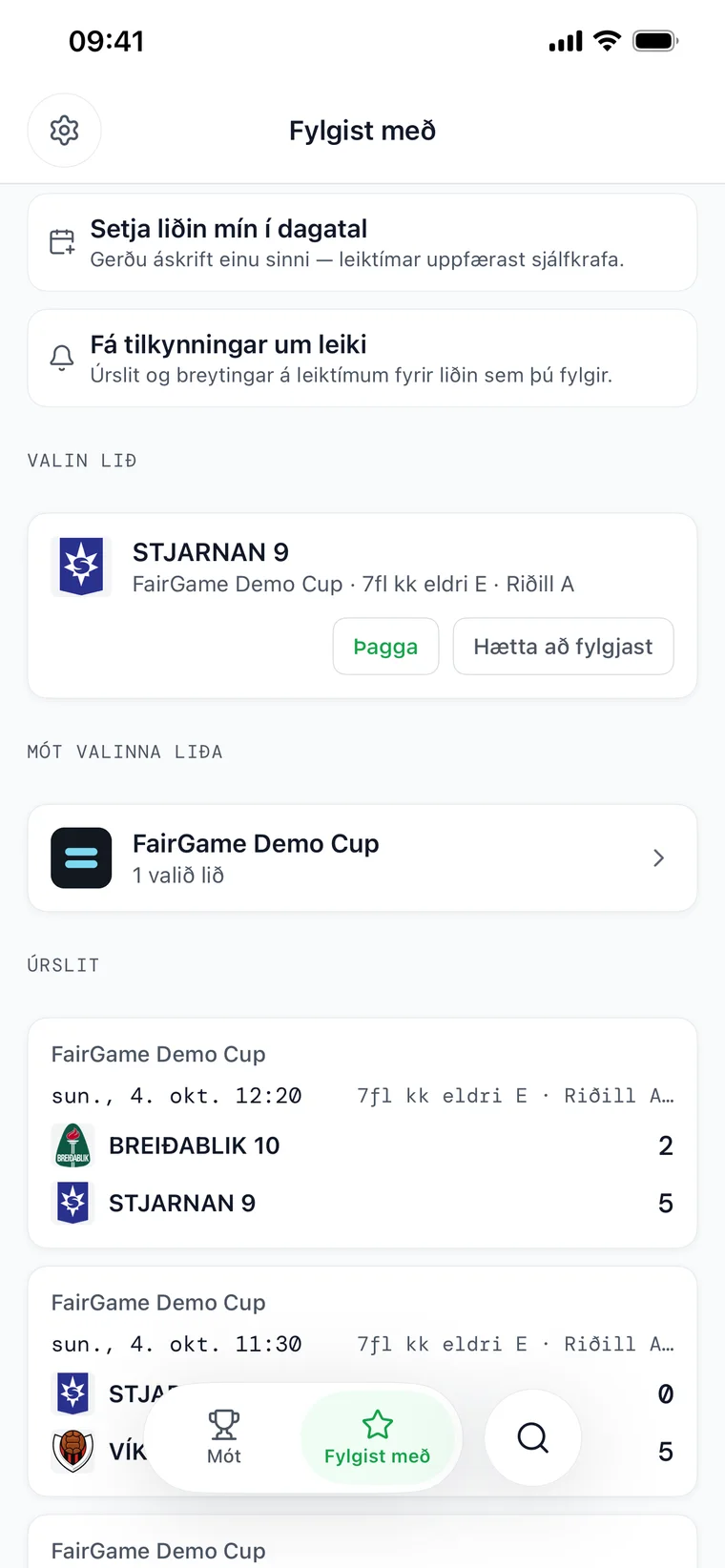 Fylgt-yfirlitið í FairGame Sports — stillingar fyrir tilkynningar og dagatal fyrir ofan lista yfir fylgd lið og stöðu í beinni