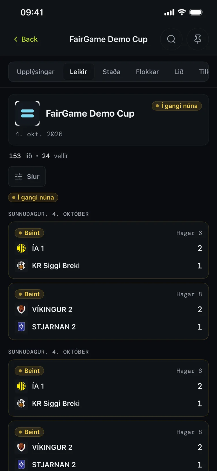 FairGame Sports í dökkri stillingu sýnir stöðu leikja í beinni á nokkrum völlum