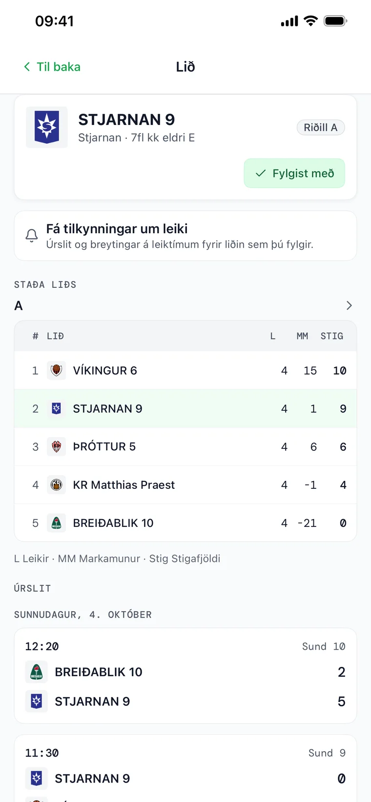 Liðssíða í FairGame Sports með „Fylgja“-hnappi, stöðu riðils í beinni og næsta leik liðsins
